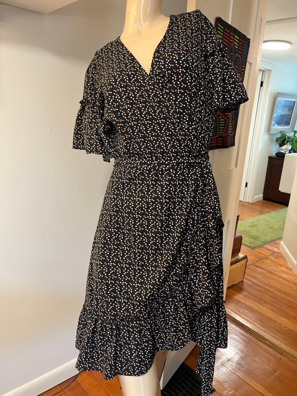 Max Studio Black Wrap Dress with White and Pink Dot Print
